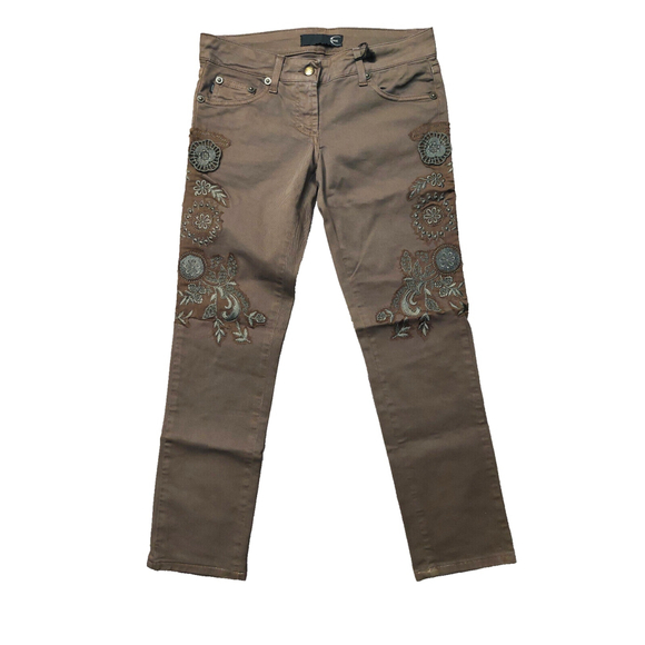 Just Cavalli Black Diamond Floral Brown Denim Slim Cropped Jeans Sz 26 NWT - Picture 1 of 16